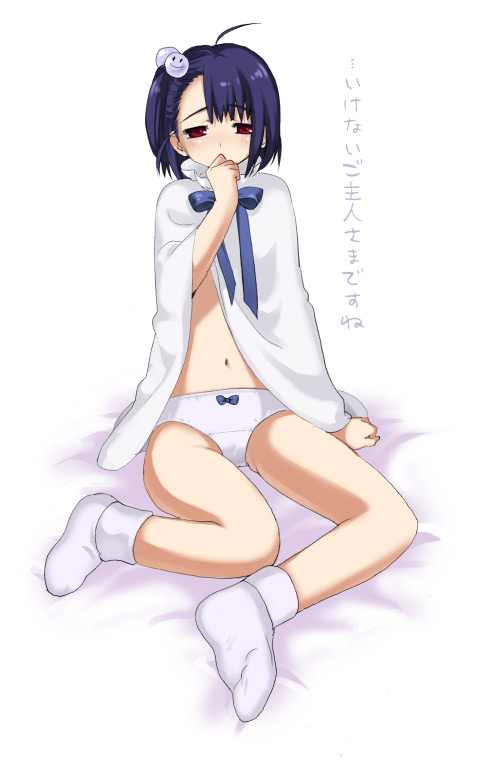 piyodera mucha, original, blue hair, bow, bow panties, dress, feet, hair bobbles, hair ornament, navel, panties, red eyes, ribbon, short dress, short hair, simple background, socks, solo, underwear, white background, white panties, white theme
