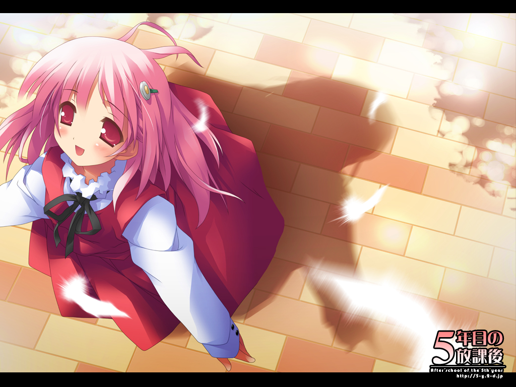 kantoku, original, sakura musubi, 1girl, blush, dress, feathers, female focus, from above, hair ornament, hairclip, letterboxed, pink eyes, pink hair, shadow, solo
