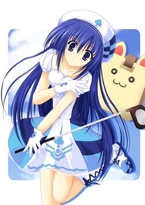 ayane yuu (iro asobi), arin (pangya), papel (pangya), pangya, md5 mismatch, 1girl, beret, blue hair, catbag, female focus, golf, hat, long hair, solo