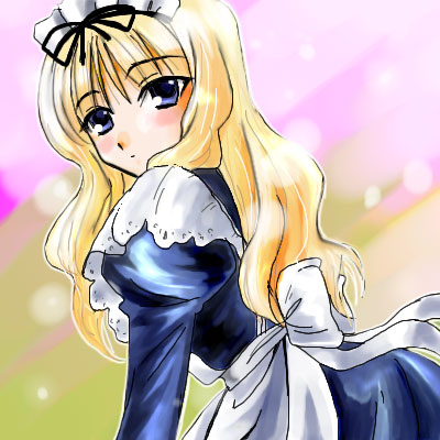 sentape, kusugawa sasara, to heart (series), to heart 2, lowres, 00s, 1girl, apron, blonde hair, blue eyes, female focus, long hair, maid, maid apron, maid headdress, puffy sleeves, solo