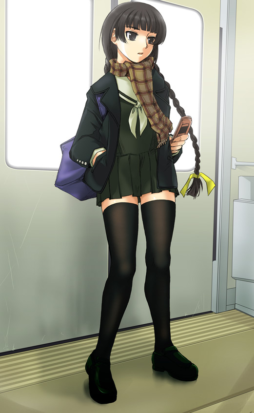 mk (mod0), shimazu yoshino, maria-sama ga miteru, 00s, 1girl, bag, black hair, black thighhighs, braid, cellphone, female focus, full body, hand in pocket, legs, long hair, phone, plaid clothes, plaid scarf, scarf, school uniform, solo, standing, thighhighs, train, train interior, twin braids, zettai ryouiki