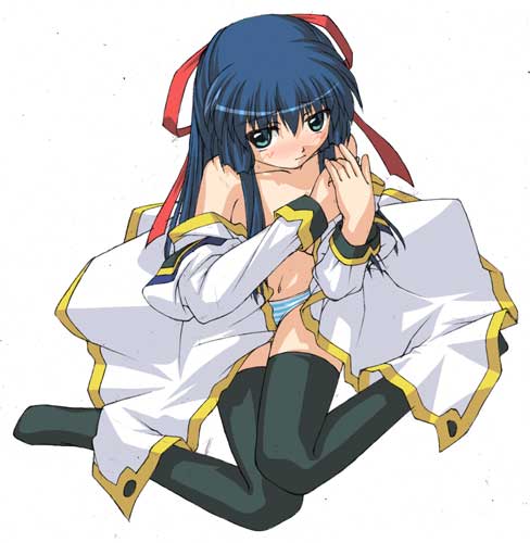 karin tou, karasuma chitose, broccoli (company), galaxy angel, lowres, 00s, 1girl, black thighhighs, blue eyes, blue hair, blue panties, dress, female focus, hair ribbon, half updo, matching hair/eyes, military, military uniform, open clothes, open dress, panties, ribbon, simple background, sitting, solo, striped clothes, striped panties, thighhighs, underwear, undressing, white background