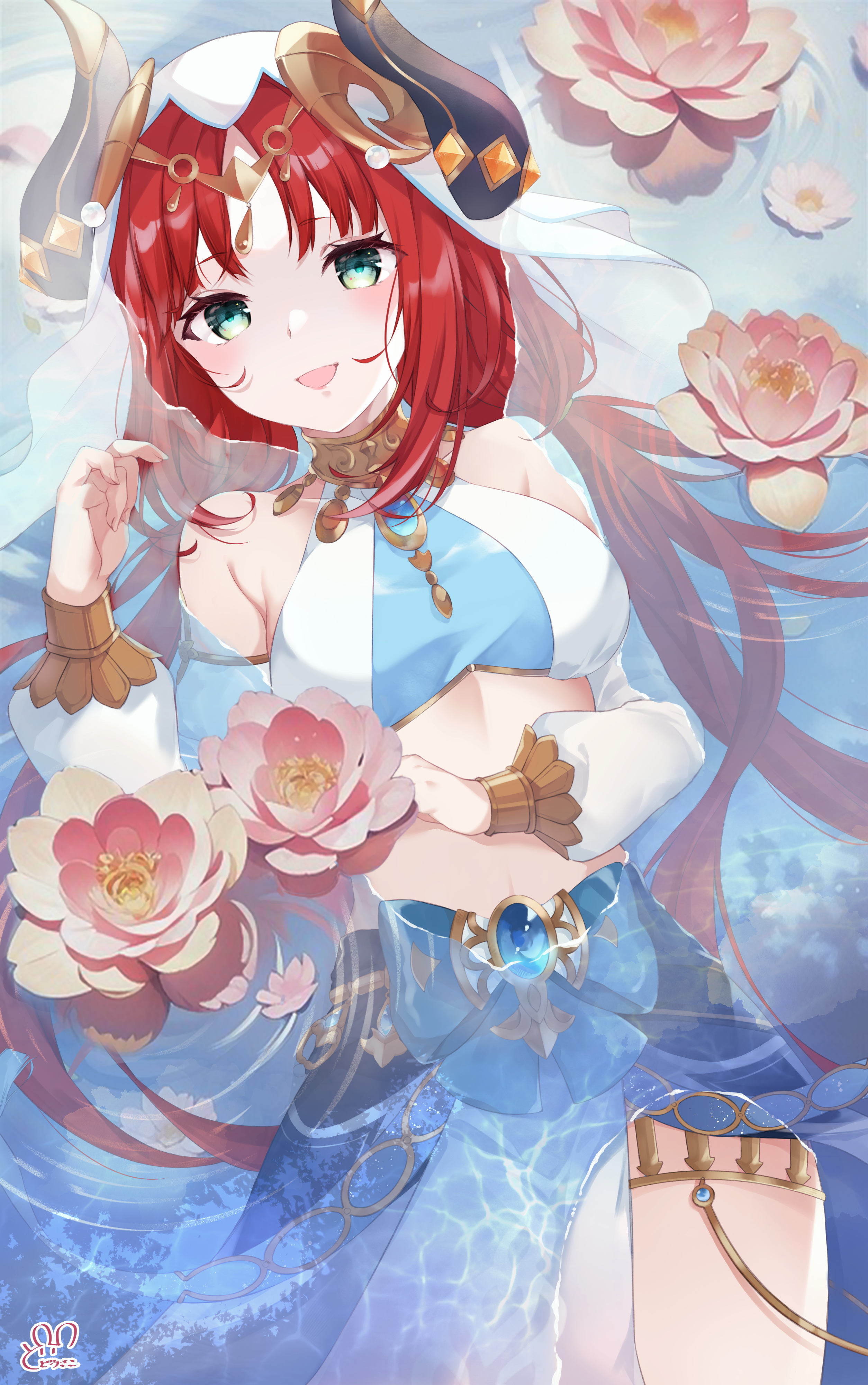 dodosako, nilou (genshin impact), genshin impact, absurdres, commentary, highres, 1girl, bare shoulders, black horns, blue skirt, breasts, cowboy shot, crop top, detached sleeves, fake horns, flower, gold trim, green eyes, harem outfit, horns, jewelry, long hair, looking at viewer, lotus, low twintails, lying, medium breasts, midriff, on back, open mouth, partially submerged, pink flower, puffy detached sleeves, puffy sleeves, red hair, skirt, smile, solo, thighlet, twintails, veil, water, white sleeves, white veil