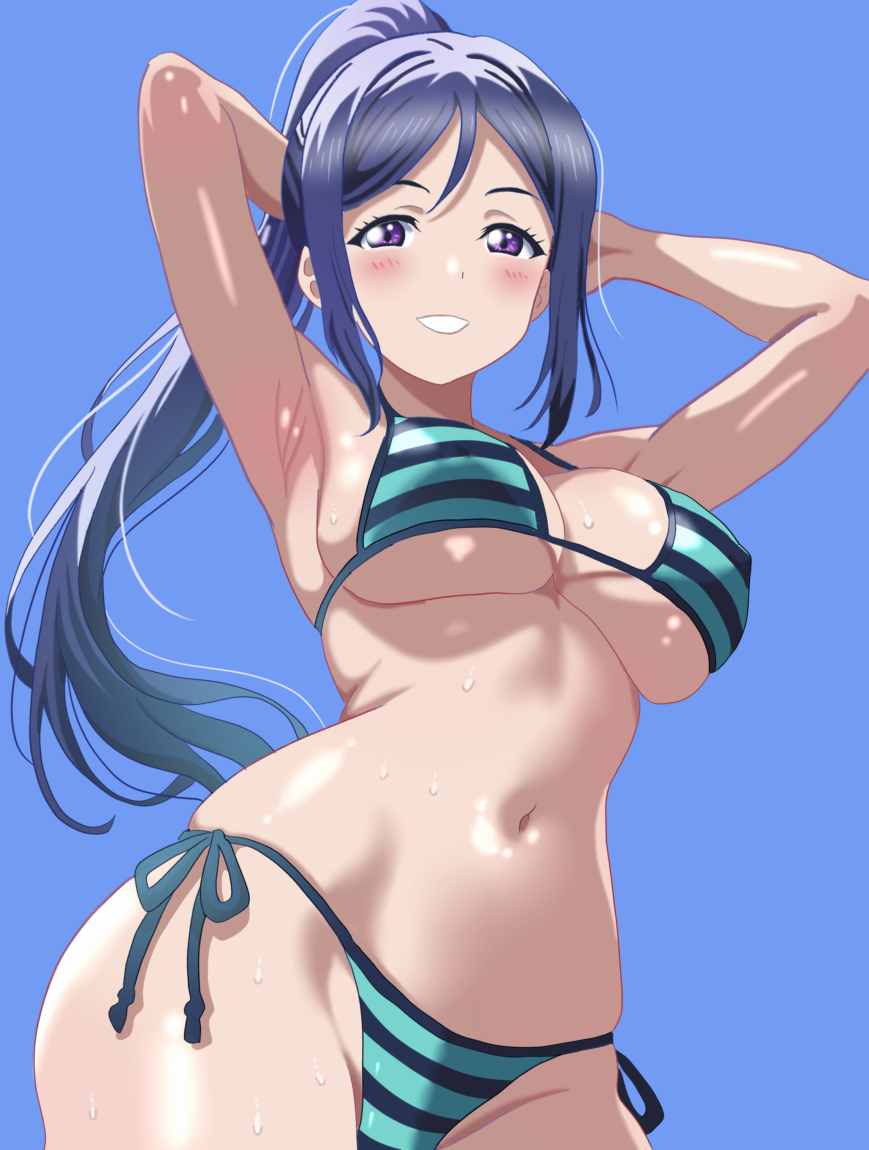 matsuura kanan, love live!, love live! sunshine!!, absurdres, highres, abs, armpits, arms behind head, arms up, bare shoulders, bikini, blue background, blue hair, blue sky, blush, breasts, covered erect nipples, from below, green bikini, hands up, high ponytail, large breasts, looking at viewer, navel, nipples, outdoors, ponytail, purple eyes, side-tie bikini bottom, simple background, sky, smile, stomach, striped bikini, striped clothes, swimsuit, underboob, wide hips, zephyr one325