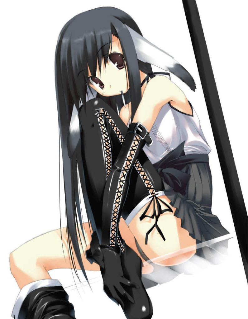 kagome (traumatize), mitsumi misato, original, 1girl, animal ears, asymmetrical clothes, black eyes, black gloves, black hair, black panties, black thighhighs, boots, cigarette, dress, elbow gloves, female focus, gloves, leg hold, leg lift, long hair, panties, pantyshot, rabbit ears, single thighhigh, sitting, sleeveless, solo, thigh boots, thighhighs, underwear