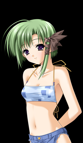 suzuhira hiro, shigure asa, shuffle!, game cg, official art, 00s, 1girl, bikini, black background, female focus, green hair, purple eyes, short hair, simple background, solo, swimsuit, tankini