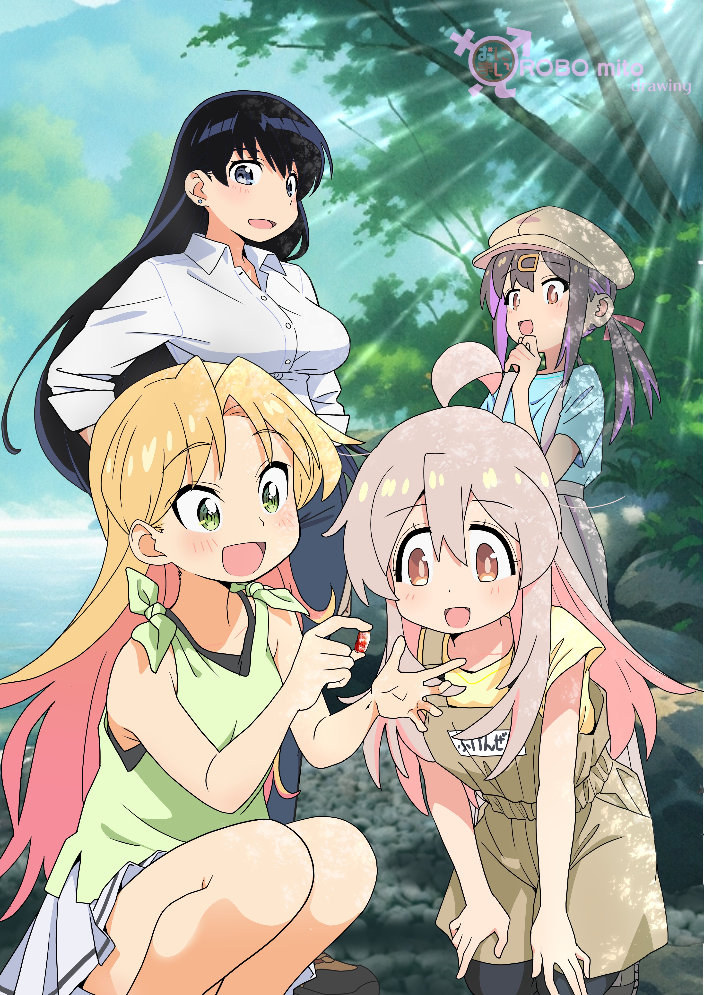 robomito, arato nagi, oyama mahiro, oyama mihari, tanigawa ruri, onii-chan wa oshimai!, ruri no houseki, studio bind, absurdres, highres, 4girls, ahoge, artist name, black eyes, black hair, blonde hair, breasts, colored inner hair, company connection, crossover, crystal, denim, earrings, genderswap, genderswap (mtf), green eyes, hair ornament, hands on own thighs, hat, holding, holding crystal, jeans, jewelry, large breasts, light rays, long hair, looking at another, male-female symbol, multicolored hair, multiple girls, newsboy cap, open mouth, orange eyes, outdoors, overalls, pants, pink hair, short sleeves, siblings, sisters, skirt, sleeveless, smile, squatting, stud earrings, tree