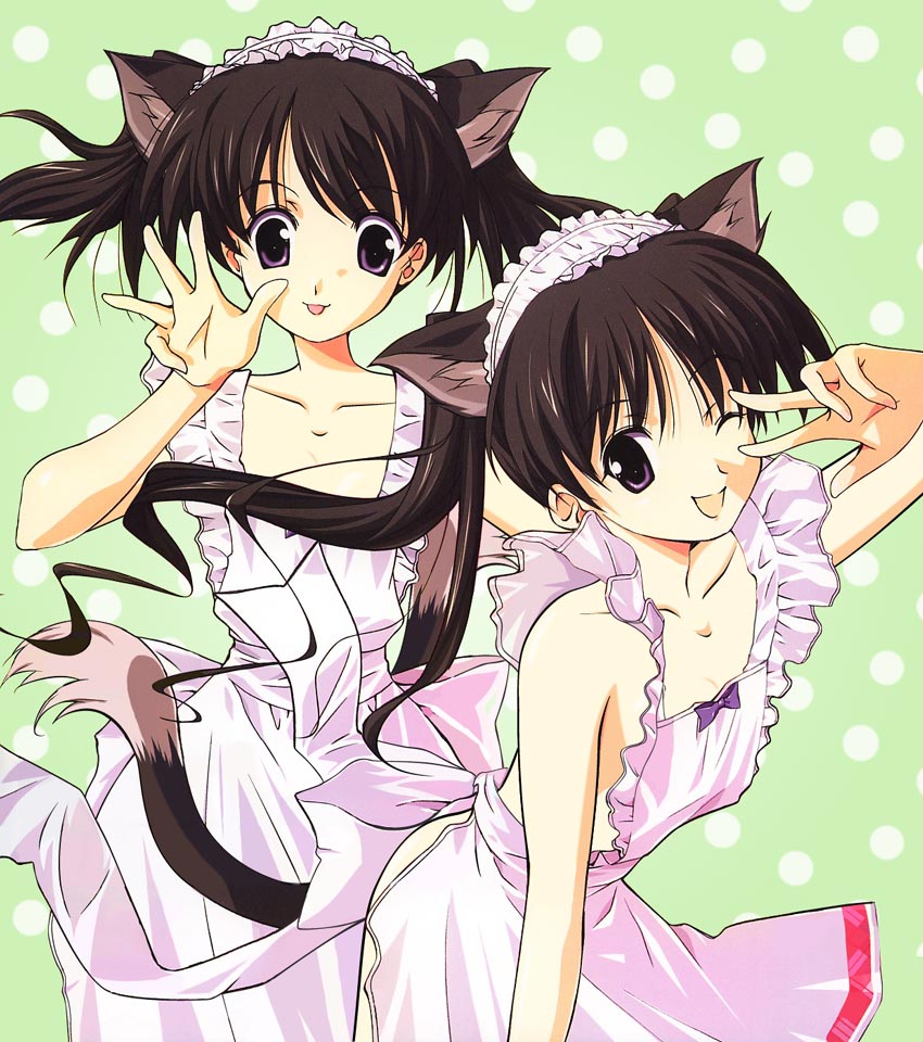 sasaki mutsumi, hinagiku lala, hinagiku lulu, futakoi, third-party edit, 00s, 2girls, animal ears, apron, brown hair, cat ears, cat tail, maid, maid apron, multiple girls, naked apron, one eye closed, purple eyes, siblings, sisters, tail, twins, wink