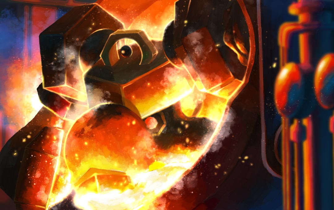 melmetal, nintendo, pokemon, pokemon tcg, artist request, second-party source, embers, gen 7 pokemon, glowing hot, mythical pokemon, one-eyed, pokemon (creature), pokemon focus, smoke, solo