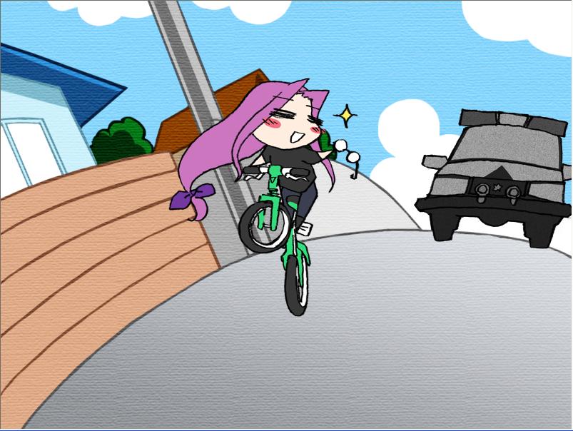 tsukuri monoji, medusa (fate), medusa (rider) (fate), fate/hollow ataraxia, fate/stay night, fate (series), game cg, 00s, 1girl, = =, bicycle, blush, chibi, female focus, glasses, long hair, purple hair, riding, solo, very long hair