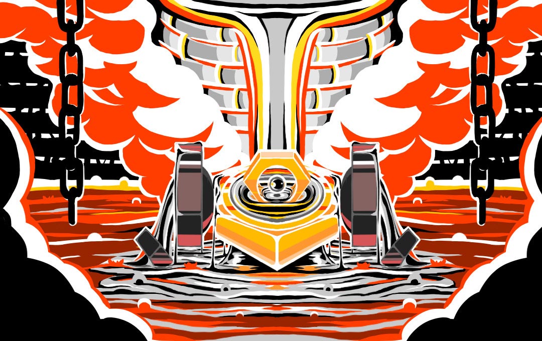 melmetal, nintendo, pokemon, pokemon tcg, artist request, second-party source, bubble, chain, gen 7 pokemon, limited palette, molten metal, mythical pokemon, nut (hardware), one-eyed, partially submerged, pokemon (creature), pokemon focus, smoke, solo