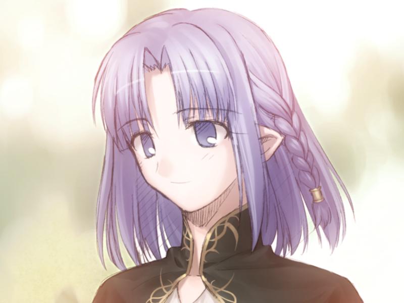 takeuchi takashi, medea (caster) (fate), medea (fate), fate/hollow ataraxia, fate/stay night, fate (series), game cg, 00s, 1girl, blue eyes, blue hair, braid, female focus, matching hair/eyes, pointy ears, short hair, single braid, smile, solo