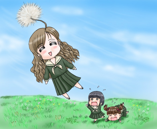 nijou noriko, toudou shimako, maria-sama ga miteru, 00s, 3girls, = =, black hair, bob cut, brown hair, dandelion, day, falling, field, flower, flying, hair ribbon, long hair, multiple girls, o o, outdoors, ribbon, running, school uniform, serafuku, short hair, sky, sweatdrop, twintails, very long hair, wavy hair, what