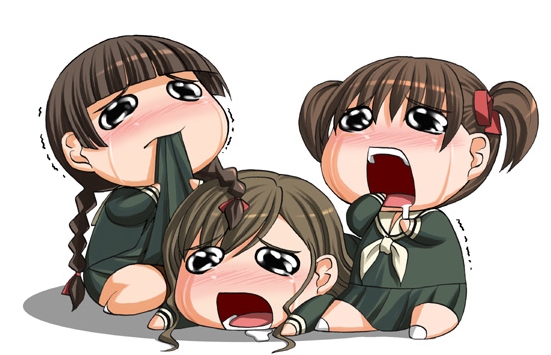 katwu (gensou ninja yashiki), fukuzawa yumi, shimazu yoshino, toudou shimako, maria-sama ga miteru, 00s, 3girls, braid, brown hair, long hair, multiple girls, open mouth, short hair, tears, twin braids, twintails