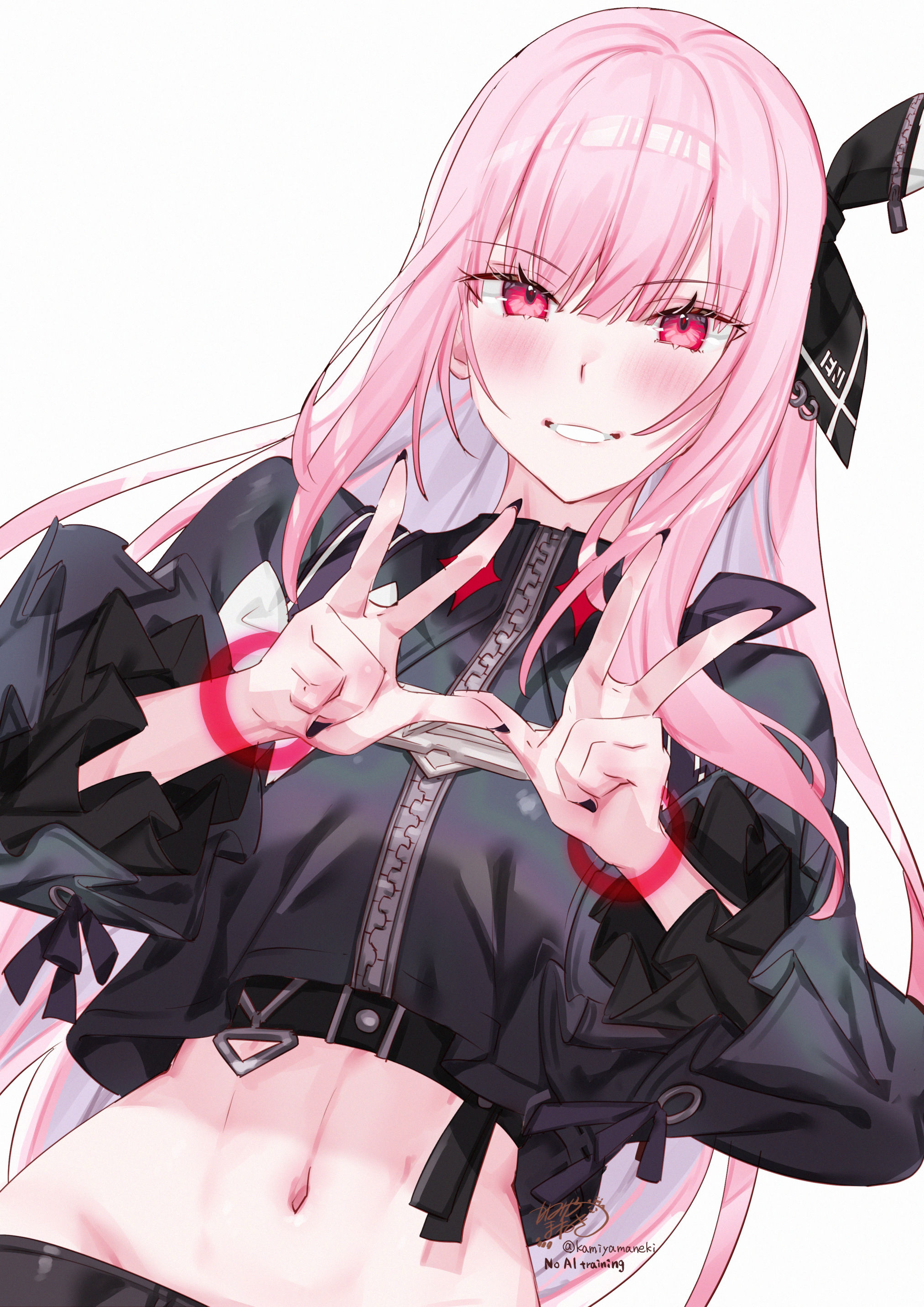 kamiya maneki, mori calliope, hololive, hololive english, absurdres, highres, 1girl, black jacket, black nails, blunt bangs, breasts, cropped jacket, grin, hair ribbon, hands up, hololive idol uniform (color rise), idol clothes, jacket, large breasts, long hair, long sleeves, looking at viewer, midriff, nail polish, navel, official alternate costume, pink eyes, pink hair, ribbon, sidelocks, simple background, smile, solo, straight hair, virtual youtuber, white background