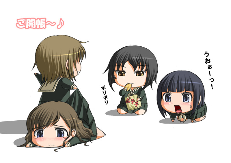 katwu (gensou ninja yashiki), kanina shizuka, nijou noriko, satou sei, toudou shimako, maria-sama ga miteru, 00s, 4girls, all fours, blonde hair, bullying, chibi, chibi only, chips (food), clothes lift, eating, food, lying, multiple girls, potato chips, school uniform, serafuku, simple background, sitting, skirt, skirt lift, surprised, tears, watching