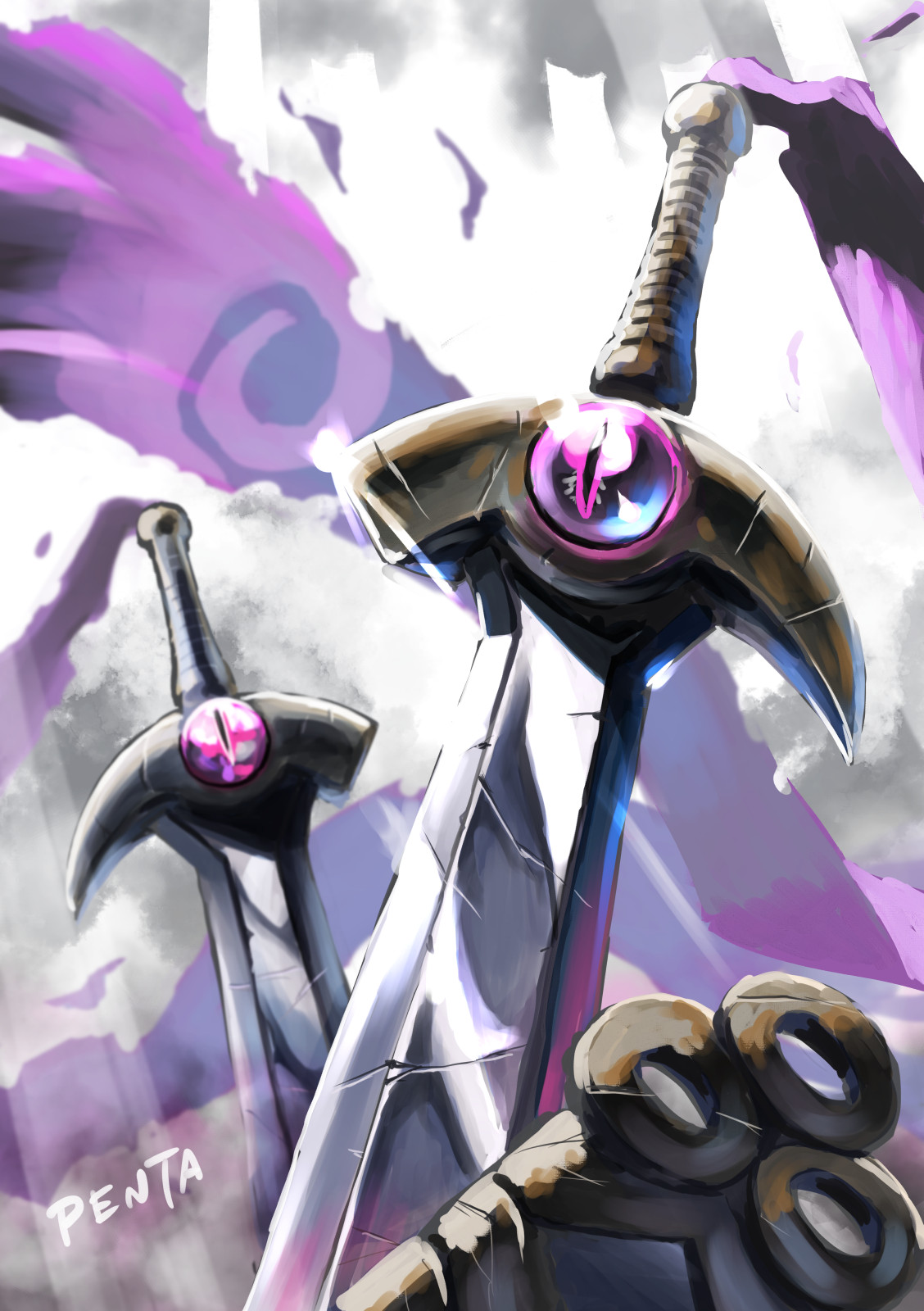 penta oekaki, doublade, nintendo, pokemon, commentary request, highres, animate object, artist name, crack, gen 6 pokemon, no humans, one-eyed, one-hour drawing challenge, pokemon (creature), pokemon focus, sheath, slit pupils, sword, torn, weapon