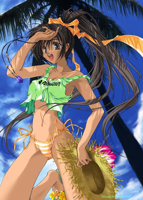 mitsumi misato, original, 1girl, beach, bikini, brown eyes, brown hair, day, female focus, flower, hat, jewelry, long hair, mutsumimisato, necklace, outdoors, palm tree, ponytail, side-tie bikini bottom, solo, straw hat, striped bikini, striped clothes, swimsuit, tankini, tree, very long hair