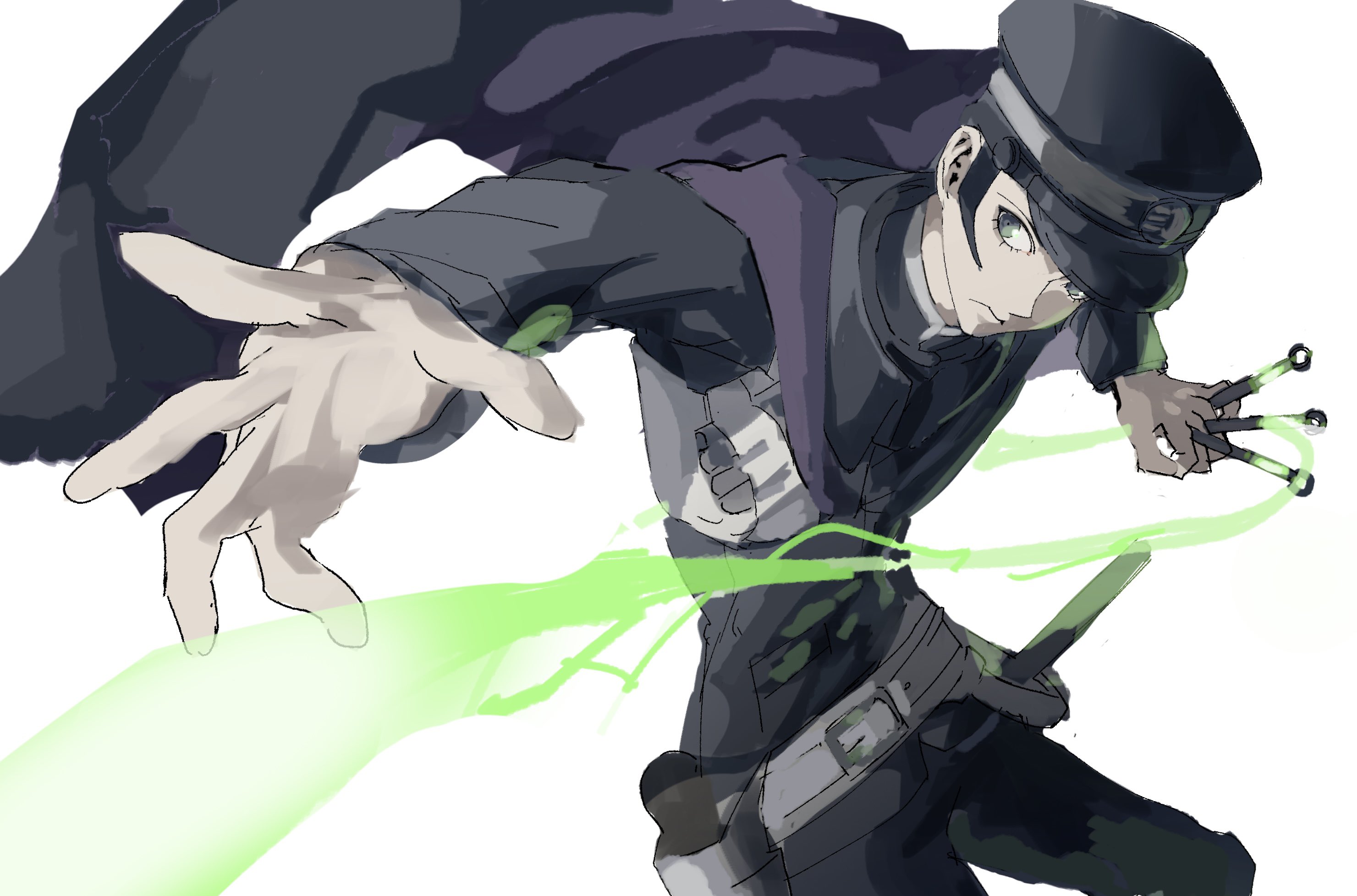 yatsutaro, kuzunoha raidou, devil summoner (series), highres, 1boy, black hair, black hat, black jacket, black pants, cape, closed mouth, gakuran, green eyes, hat, holding, jacket, looking to the side, male focus, outstretched arm, pants, purple cape, school uniform, short hair, simple background, solo, white background