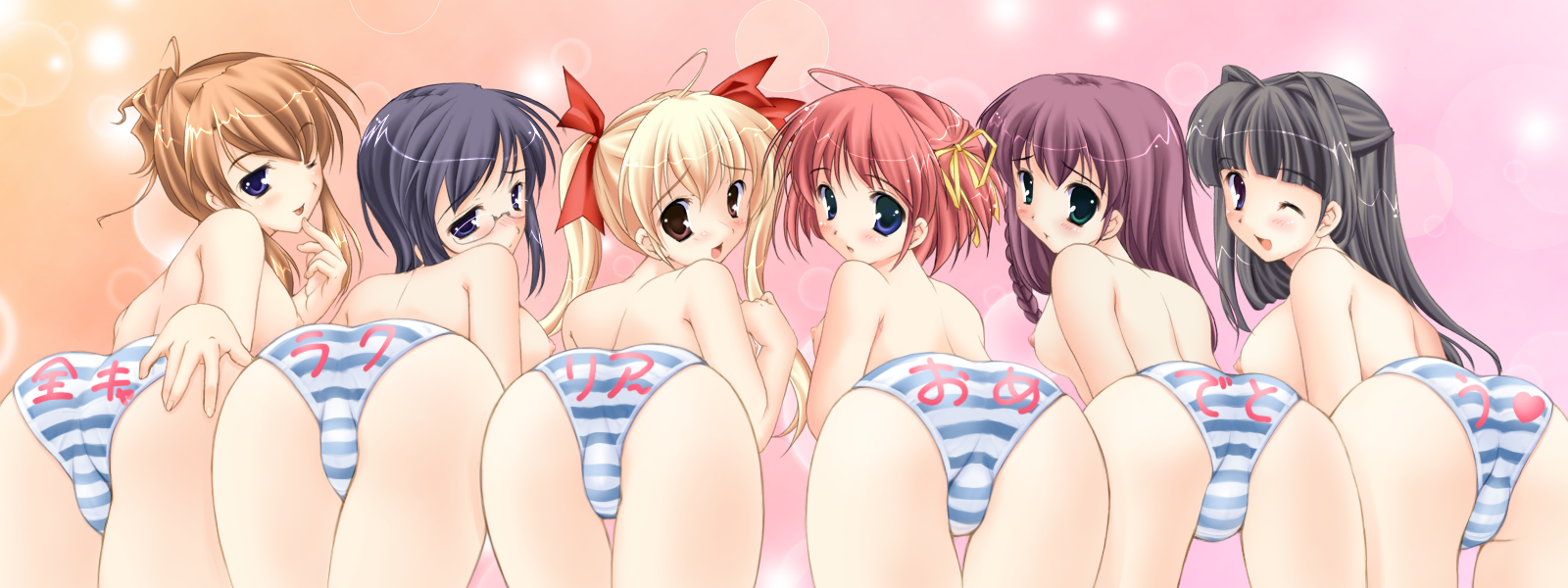 mikeou, kawahara mizuha, kawahara touka, minamino nanami, sakurai mana, tachihara kazune, yuuki nako, konneko, game cg, highres, long image, translated, wide image, 6+girls, ahoge, ass, bent over, black hair, blonde hair, blue panties, blush, breasts, brown hair, dual monitor, everyone, from behind, glasses, lineup, loli, looking back, medium breasts, multiple girls, nipples, one eye closed, panties, purple hair, red hair, ribbon, striped clothes, striped panties, take your pick, thigh gap, thighs, topless female, trefoil, twintails, underwear, underwear only, wink