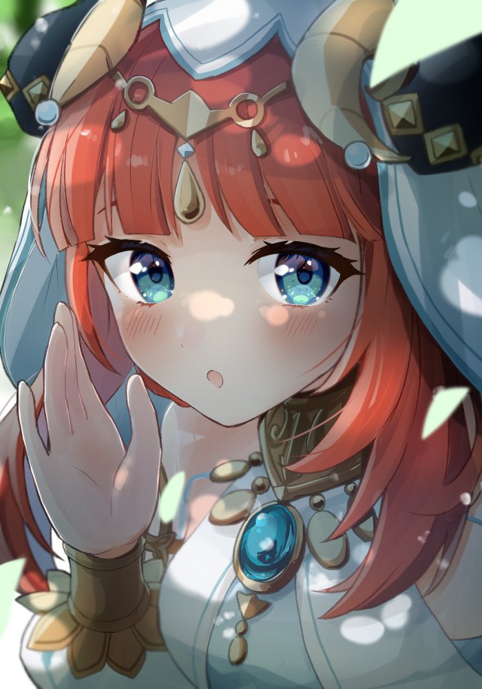shironashiro p, nilou (genshin impact), genshin impact, commentary, symbol-only commentary, 1girl, aqua eyes, bare shoulders, blue brooch, blush, breasts, brooch, dappled sunlight, fake horns, harem outfit, horns, jewelry, looking at viewer, open mouth, red hair, solo, sunlight, upper body, veil, whispering, white veil