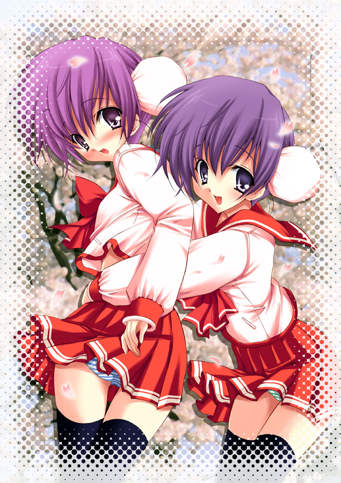 yukiwo, himeyuri ruri, himeyuri sango, to heart (series), to heart 2, 00s, 2girls, black thighhighs, blue panties, bun cover, double bun, green panties, hair bun, hug, hug from behind, leaning forward, miniskirt, multiple girls, panties, pleated skirt, school uniform, serafuku, siblings, sisters, skirt, striped clothes, striped panties, thigh gap, thighhighs, thighs, twins, underwear