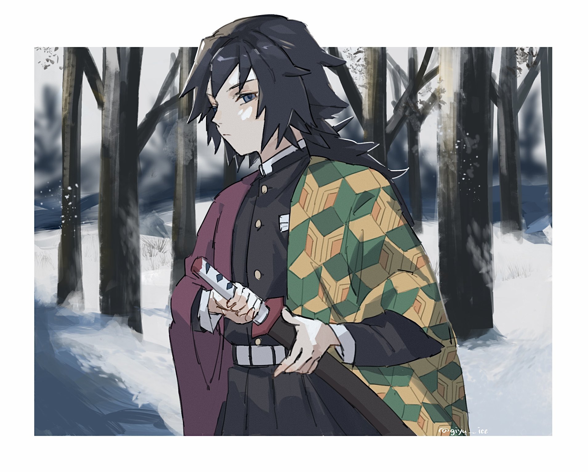tomioka giyuu, kimetsu no yaiba, highres, 1boy, belt, black hair, black jacket, black pants, blue eyes, border, buttons, closed mouth, forest, giyu ice, haori, holding, holding sword, holding weapon, jacket, japanese clothes, katana, long hair, looking at viewer, low ponytail, male focus, nature, pants, ponytail, sheath, sheathed, snow, solo, spiked hair, sword, upper body, weapon, white belt, white border