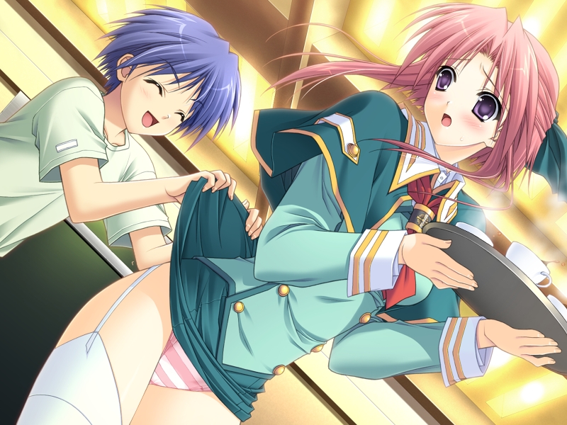 suzuhira hiro, masato, masato (navel), morisaki nao, soul link, game cg, 00s, 1boy, 1girl, blue hair, blush, closed eyes, clothes lift, cup, dutch angle, garter belt, hair ribbon, looking back, necktie, panties, pink hair, pink panties, purple eyes, ribbon, school uniform, serafuku, short hair, shota, skirt, skirt lift, striped clothes, striped panties, surprised, tea, teacup, teenage girl and younger boy, thighhighs, tray, underwear, white thighhighs