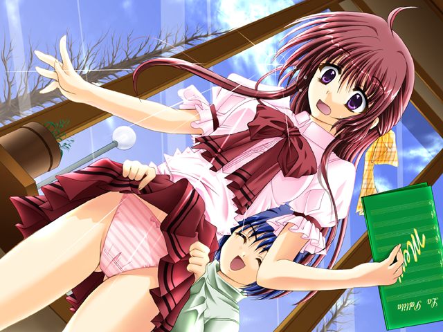 masato, masato (navel), mizuki karen, bless, bless ~close your eyes open your mind~, shuffle!, game cg, 00s, 1boy, 1girl, bow, bow panties, clothes lift, menu, panties, pink panties, shota, skirt, skirt lift, striped clothes, striped panties, surprised, surprised arms, teenage girl and younger boy, underwear, upskirt, waitress