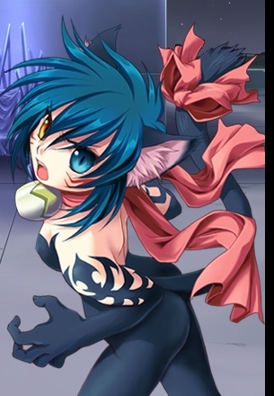 benaia, answer dead, lowres, source request, >:o, 1girl, :o, angry, animal ears, ass, bell, black gloves, blue eyes, blue hair, body fur, bow, breasts, cat ears, cat tail, collar, cowboy shot, elbow gloves, facial mark, female focus, fighting stance, from side, gloves, hair between eyes, heterochromia, leaning forward, looking at viewer, looking back, matching hair/eyes, neck bell, night, night sky, nude, open mouth, orange eyes, red scarf, scarf, short hair, sky, slit pupils, small breasts, solo, spiked hair, standing, star (sky), starry sky, tail, tail bow, tail ornament, v-shaped eyebrows, whisker markings