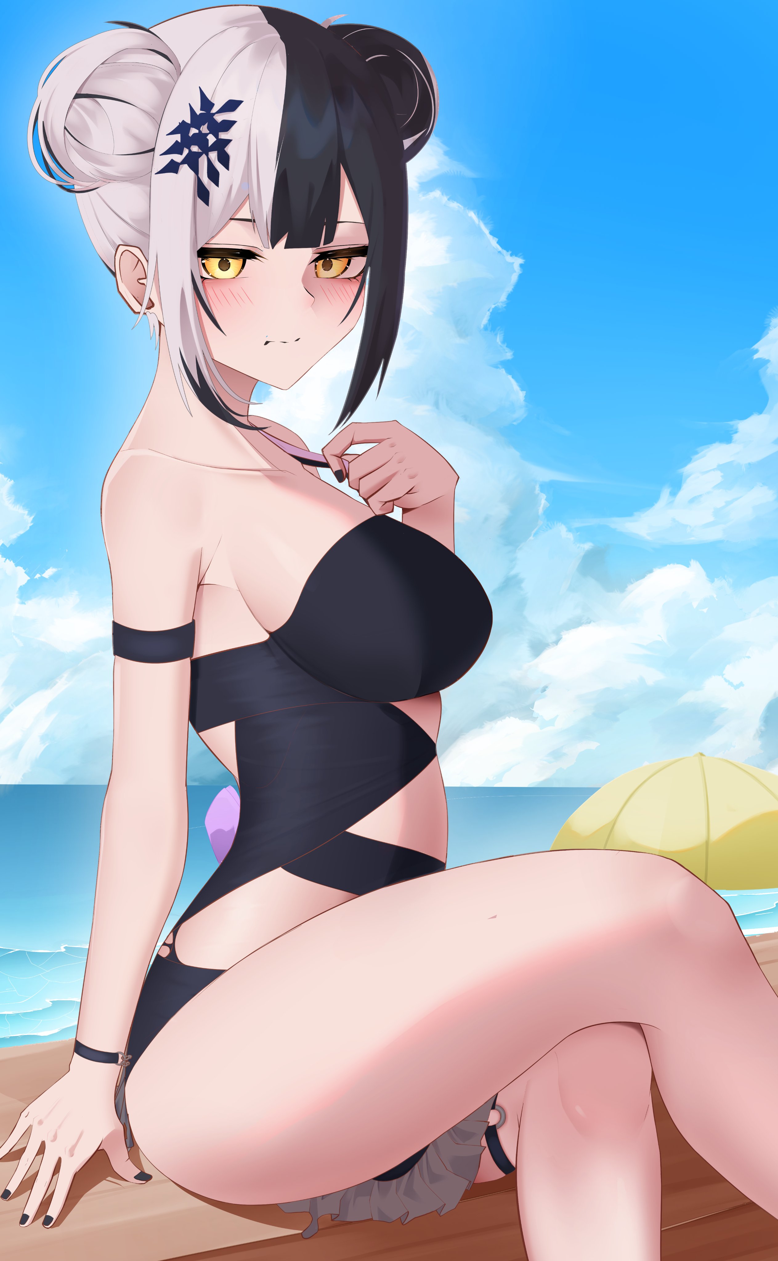 shiori novella, shiori novella (holonatsu paradise), hololive, hololive english, absurdres, highres, 1girl, bad anatomy, bad leg, beach umbrella, bikini, black bikini, black hair, black nails, blush, breasts, cloud, cloudy sky, crossed legs, day, grey hair, jewelry, large breasts, multicolored hair, ocean, official alternate costume, official alternate hairstyle, outdoors, ring, sitting, sky, solo, split-color hair, sweetwhite, swimsuit, thigh strap, two-tone hair, umbrella, virtual youtuber, yellow eyes