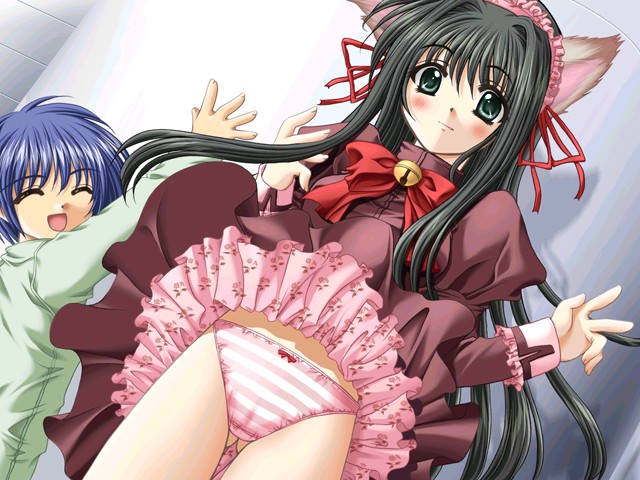 nishimata aoi, masato, masato (navel), sagawa midori, 21 two one, shuffle!, game cg, 00s, 1boy, 1girl, animal ears, bell, blush, bow, bow panties, clothes lift, dog ears, dutch angle, frills, gathers, green eyes, hair ribbon, headdress, jingle bell, panties, ribbon, shota, skirt, skirt flip, skirt lift, striped clothes, striped panties, teenage girl and younger boy, underwear, v, waitress