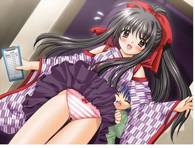 nishimata aoi, hoshizaki nozomi, masato, masato (navel), bashamichi, shuffle!, sore wa maichiru sakura no you ni, game cg, 00s, 1boy, 1girl, bow, bow panties, clothes lift, dutch angle, hakama, hakama skirt, japanese clothes, panties, red panties, shota, skirt, skirt lift, striped clothes, striped panties, surprised, surprised arms, teenage girl and younger boy, underwear, waitress, yagasuri