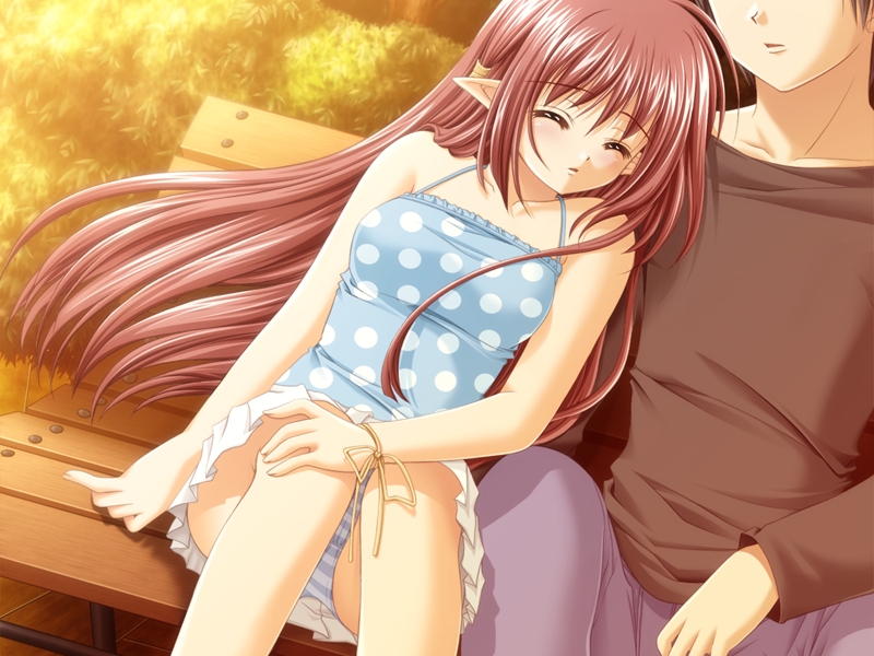 nishimata aoi, lisianthus, tsuchimi rin, shuffle!, game cg, official art, 00s, 1boy, 1girl, bench, blue panties, camisole, closed eyes, couple, hetero, miniskirt, panties, pantyshot, polka dot, sitting, skirt, sleeping, sleeping upright, striped clothes, striped panties, underwear, upskirt