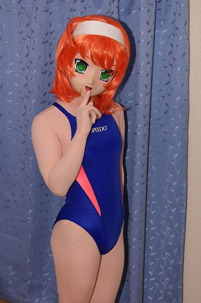 suzumiya akane, kimi ga nozomu eien, speedo (company), cosplay photo, photo (medium), 1girl, animegao, asian, competition swimsuit, cosplay, female focus, finger to mouth, kigurumi, one-piece swimsuit, solo, swimsuit, zentai