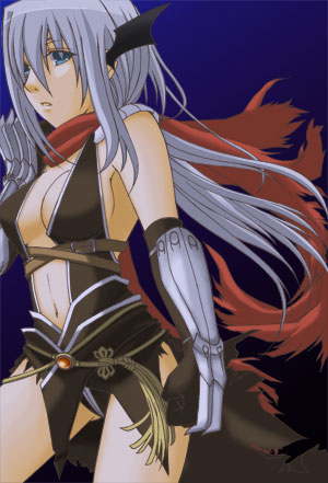 assassin cross (ragnarok online), ragnarok online, commentary request, lowres, 1girl, 2000s (style), armor, black cape, black gloves, black leotard, black wings, blue background, blue eyes, breasts, cape, cleavage, cowboy shot, demon wings, elbow gloves, expressionless, gloves, grey hair, hair between eyes, head wings, leotard, long bangs, long hair, looking at viewer, medium breasts, navel, noah (mutsuki), pauldrons, red scarf, revealing clothes, scarf, shoulder armor, simple background, solo, torn cape, torn clothes, torn scarf, vambraces, waist cape, wings