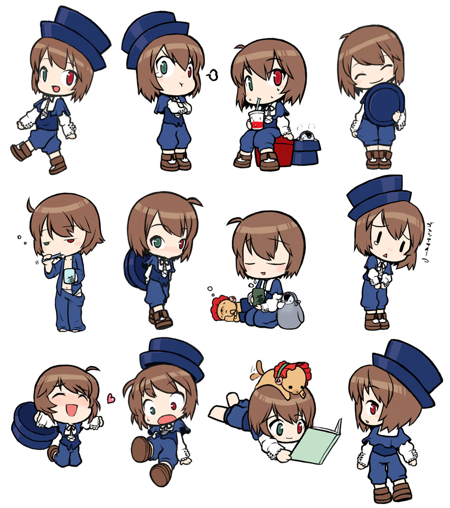 souseiseki, wanku, rozen maiden, 00s, 1girl, barefoot, bird, book, brown hair, brushing teeth, chibi, chibi only, closed eyes, cup, dog, drinking, full body, hat, head tilt, heterochromia, looking back, lying, multiple views, on head, on stomach, open book, panties, pants, pantyhose, penguin, pout, reading, seiza, short hair, shy, sitting, sleeping, sleepy, smile, standing, steam, surprised, tail, tail wagging, teacup, teardrop, toothbrush, top hat, underwear, walking, yunomi, | |