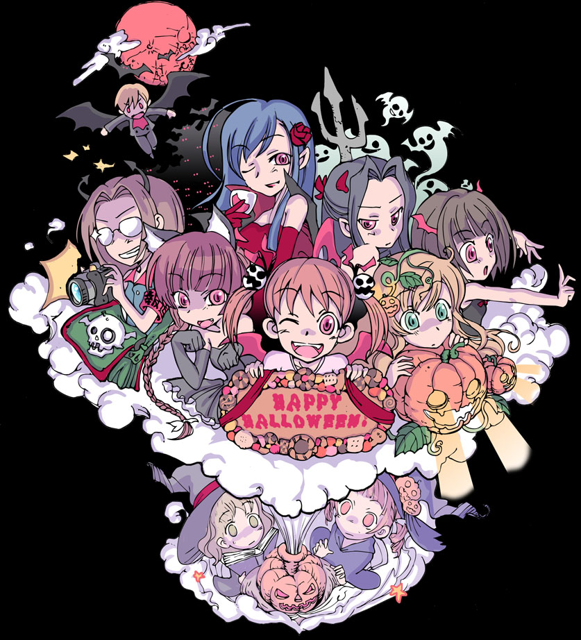 kuronekokan monpetit, fukuzawa yumi, hosokawa kanako, matsudaira touko, naitou shouko, nijou noriko, ogasawara sachiko, shimazu yoshino, takeshima tsutako, toudou shimako, maria-sama ga miteru, 00s, 6+girls, ^^^, alternate costume, bare shoulders, bat (animal), bat wings, black hair, blonde hair, blue hair, braid, brown hair, camera, demon wings, dress, elbow gloves, evening gown, everyone, fang, flower, ghost, glass, glasses, gloves, grin, hair intakes, hair ornament, hair ribbon, hairclip, halloween, happy halloween, hat, head wings, jack-o'-lantern, jewelry, long hair, multiple girls, necklace, one eye closed, open mouth, outstretched hand, plant, pointing, polearm, pumpkin, red eyes, ribbon, rose, skull, smile, smoke, trident, twin braids, twintails, vampire, very long hair, vines, weapon, wings, witch, witch hat