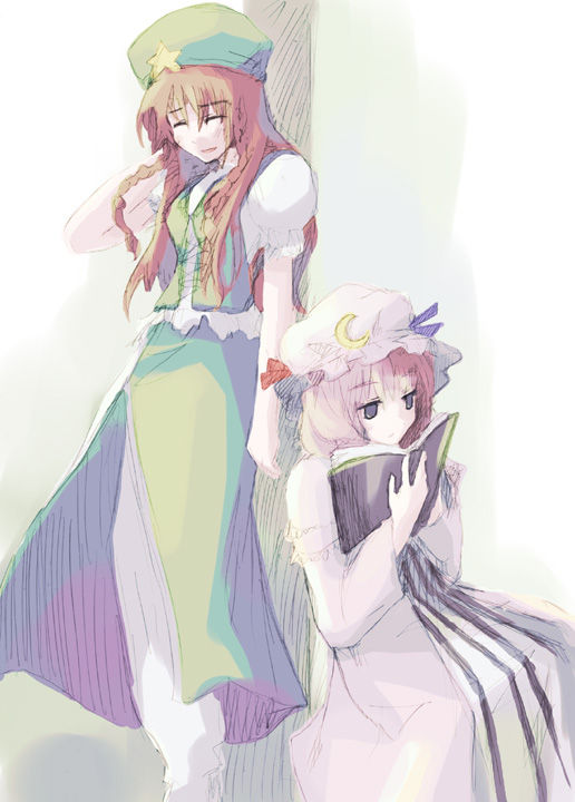takanashi akihito, hong meiling, patchouli knowledge, embodiment of scarlet devil, touhou, 2girls, arm behind head, blue eyes, book, bow, braid, china dress, chinese clothes, closed eyes, crescent, dress, female focus, hair bow, hat, long hair, multiple girls, night clothes, open book, purple hair, reading, red hair, sitting, star (symbol), twin braids