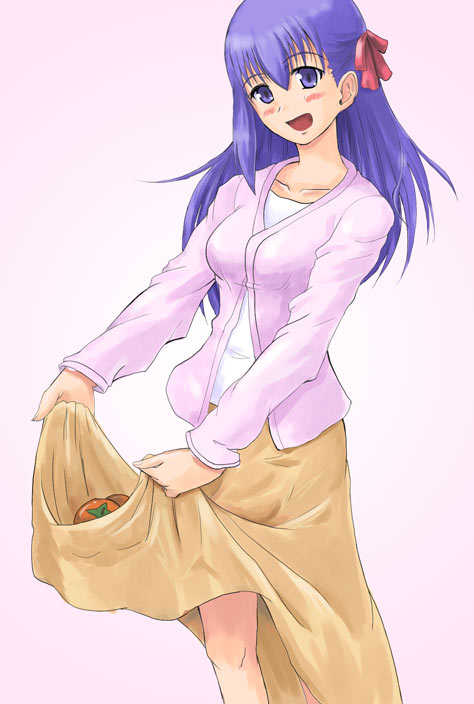 otsutama, matou sakura, fate/stay night, fate (series), 00s, 1girl, bad anatomy, blue hair, blush, clothes lift, dress, female focus, lifting own clothes, open mouth, poorly drawn, purple eyes, purple hair, ribbon, skirt, skirt basket, skirt lift, smile, solo, tomato