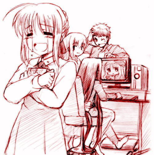 cea se, artoria pendragon (fate), caren hortensia, emiya shirou, matou sakura, medusa (fate), medusa (rider) (fate), saber (fate), fate/hollow ataraxia, fate/stay night, fate (series), 00s, 1boy, 3girls, computer, computer keyboard, monochrome, multiple girls, red theme, smile, tears