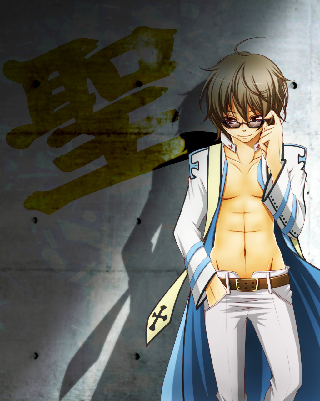 arch bishop (ragnarok online), ragnarok online, commentary request, highres, 1boy, adjusting eyewear, ahoge, black-framed eyewear, blue coat, brown eyes, brown hair, closed mouth, coat, cowboy shot, glasses, hand in pocket, jacket, long sleeves, looking at viewer, male focus, navel, noah (mutsuki), open clothes, open coat, open jacket, pants, shadow, short hair, smile, solo, white jacket, white pants