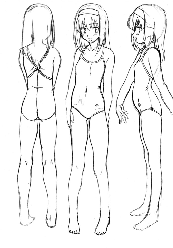 kamia (not found), akiba youko, original, 1girl, barefoot, breasts, competition school swimsuit, competition swimsuit, feet, flat chest, greyscale, hairband, kneepits, monochrome, multiple views, one-piece swimsuit, reference sheet, school swimsuit, sketch, smile, swimsuit