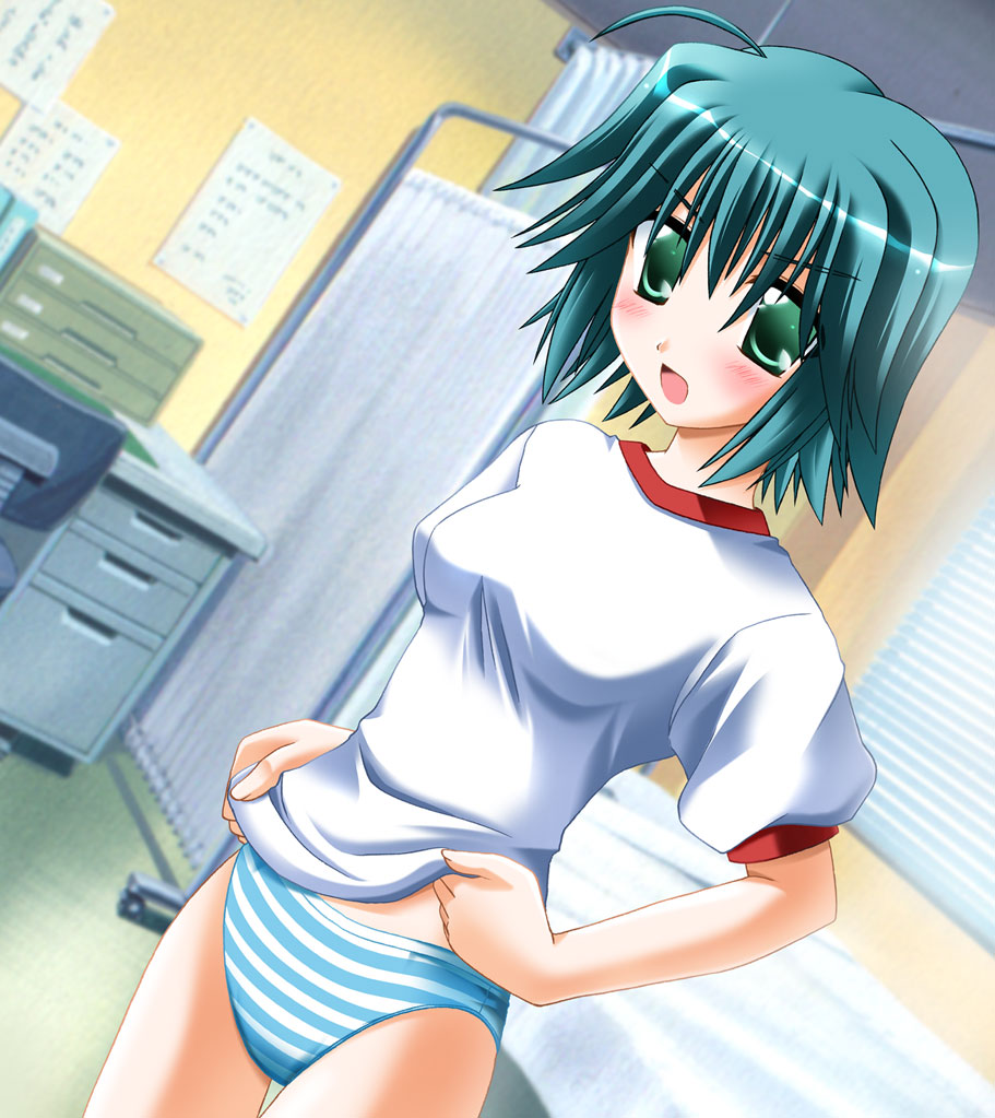 otoki raku, mizukoshi mako, da capo, da capo i, game cg, 00s, 1girl, blue panties, bottomless, dutch angle, female focus, green eyes, green hair, gym uniform, infirmary, matching hair/eyes, no pants, panties, short hair, solo, standing, striped clothes, striped panties, thigh gap, thighs, underwear