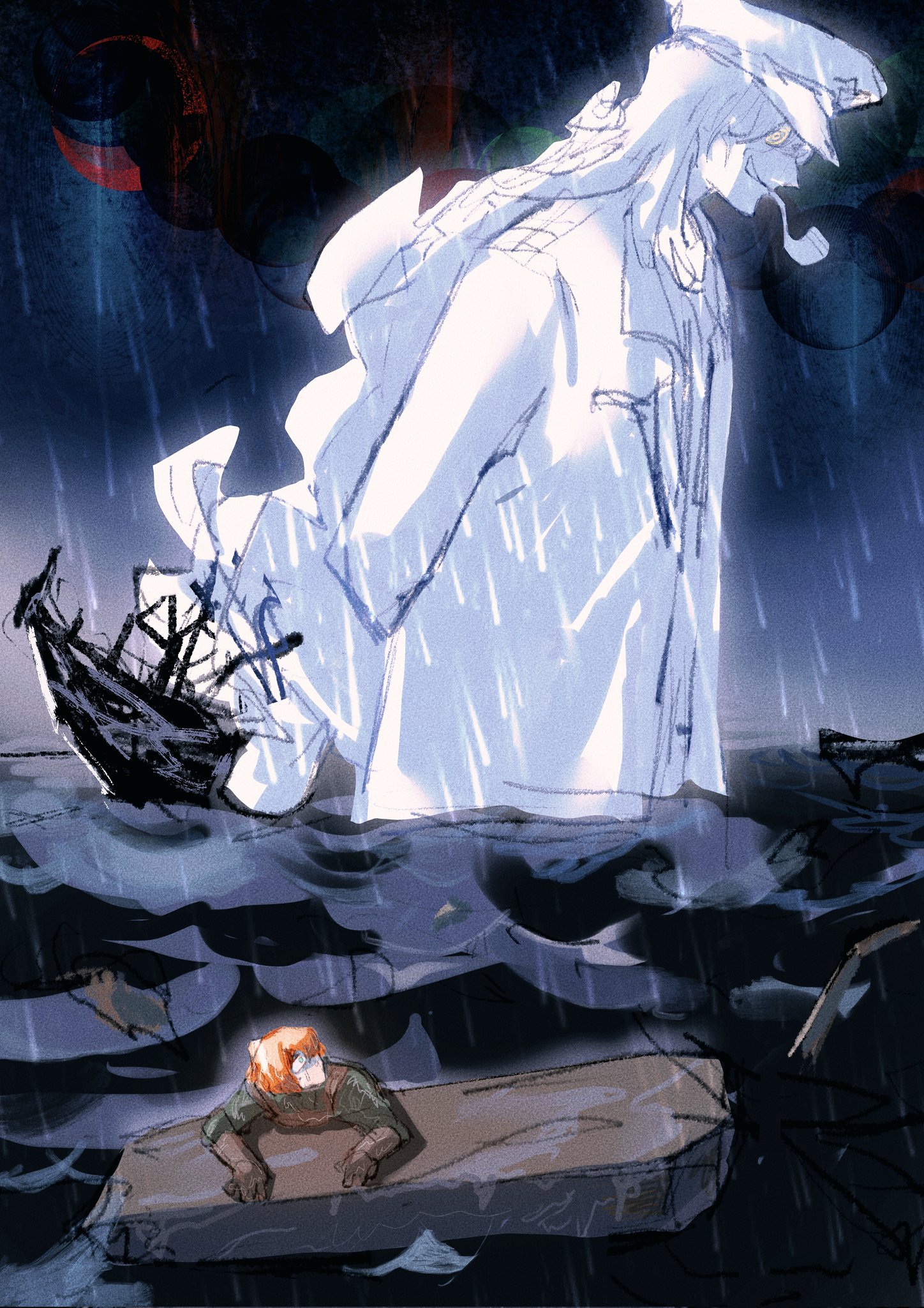 ishmael (project moon), the pallid whale, limbus company, project moon, chinese commentary, commentary request, highres, 2girls, ahab (project moon), blue eyes, boat, brown gloves, brown overalls, coat, collared coat, driftwood, giant, giantess, gloves, green shirt, hair between eyes, hat, horrified, long hair, long sleeves, mouth hold, multiple girls, nervous sweating, ocean, open clothes, open coat, orange hair, overalls, partially submerged, peaked cap, rain, sailboat, shipwreck, shirt, short hair, size difference, smoking pipe, storm, sweat, turn pale, very long hair, watercraft, waves, wide-eyed, yuanbuzhi