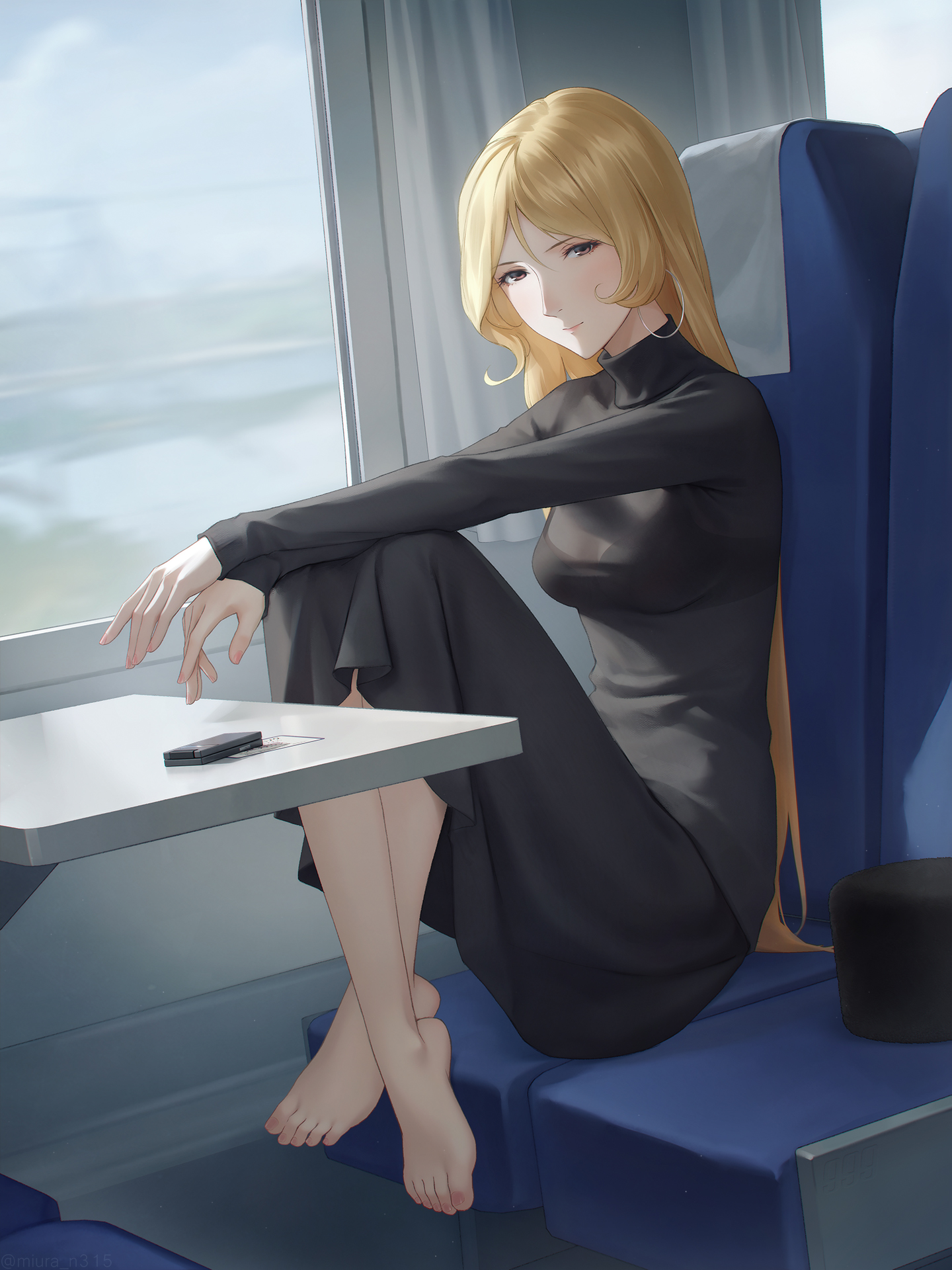 miura-n315, maetel, ginga tetsudou 999, highres, 1girl, barefoot, black bra, black skirt, blonde hair, blush, bra, breasts, brown eyes, cellphone, closed mouth, crossed ankles, curtains, earrings, eyelashes, feet, flip phone, full body, hair between eyes, hat, hoop earrings, jewelry, knees up, long hair, long sleeves, looking at viewer, medium breasts, nail polish, phone, pink nails, see-through clothes, see-through shirt, shadow, shirt, sitting, skirt, solo, toenail polish, toenails, toes, train interior, turtleneck, underwear, unworn hat, unworn headwear, ushanka, very long hair, window