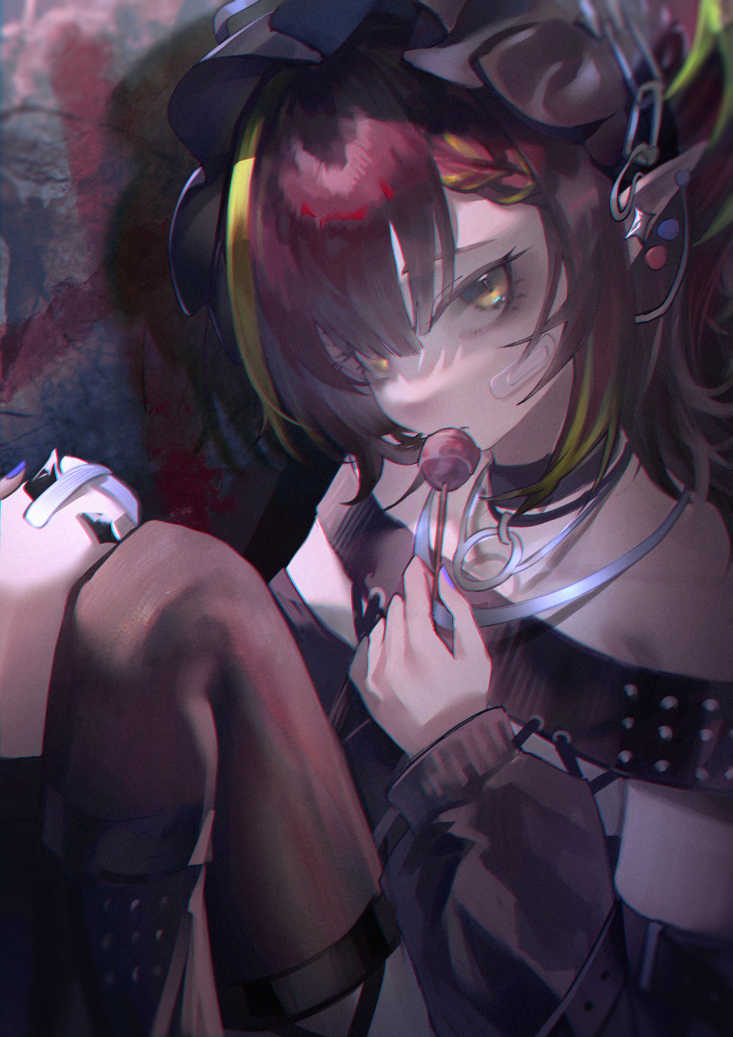qian deng bai wang, tecno (arknights), arknights, absurdres, highres, 1girl, bandage on knee, bandaid, bandaid on cheek, bandaid on face, bare shoulders, black bonnet, black choker, black dress, bonnet, braid, brown eyes, candy, choker, detached sleeves, dress, earrings, food, gauze on knee, green hair, holding, holding candy, holding food, holding lollipop, jewelry, knees up, lollipop, long hair, looking at viewer, material growth, multicolored hair, necklace, oripathy lesion (arknights), pointy ears, purple nails, red hair, sitting, solo, streaked hair