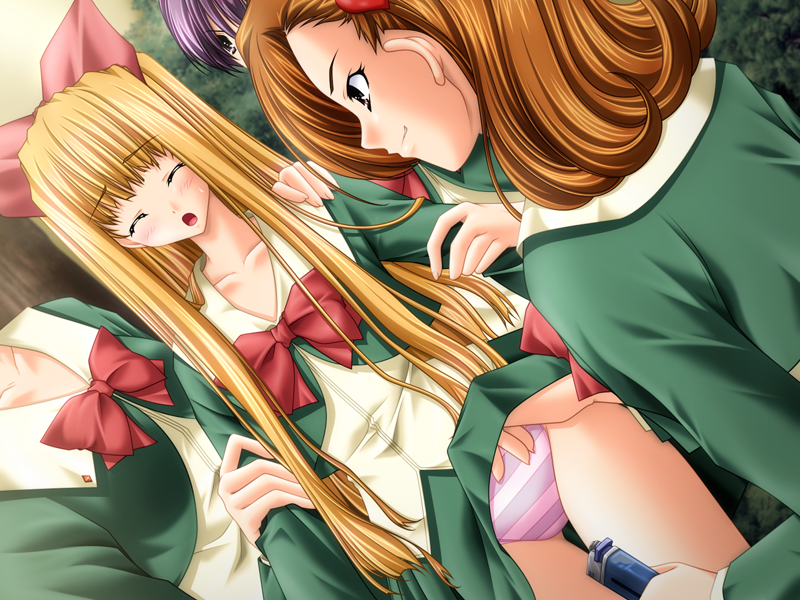 little (artist), onitama, game cg, 3girls, blonde hair, blue panties, blush, clothes lift, lighter, multiple girls, open mouth, panties, school uniform, skirt, skirt lift, striped clothes, striped panties, tears, thigh gap, thighs, underwear, yuri