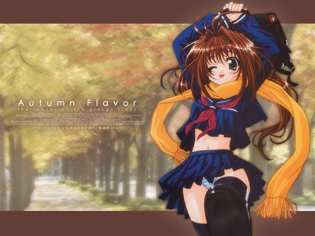 mahiro takeumi, 1girl, :p, black thighhighs, blue panties, blush, female focus, fringe trim, ginkgo tree, leg lift, midriff, miniskirt, navel, one eye closed, orange scarf, panties, pantyshot, pleated skirt, scarf, school uniform, serafuku, skirt, solo, standing, striped clothes, striped panties, thighhighs, tongue, tongue out, underwear, wink