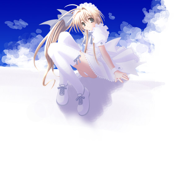aikawa touma, original, exif thumbnail surprise, 1girl, arm support, blonde hair, blue background, blush, brown hair, dress, female focus, hair between eyes, hair ribbon, head tilt, legs, light smile, long hair, looking at viewer, panties, pantyshot, puffy sleeves, ribbon, shoes, short sleeves, side ponytail, sitting, sneakers, solo, striped clothes, striped panties, thighhighs, two-tone background, underwear, white background, white panties, white theme, white thighhighs, wrist cuffs